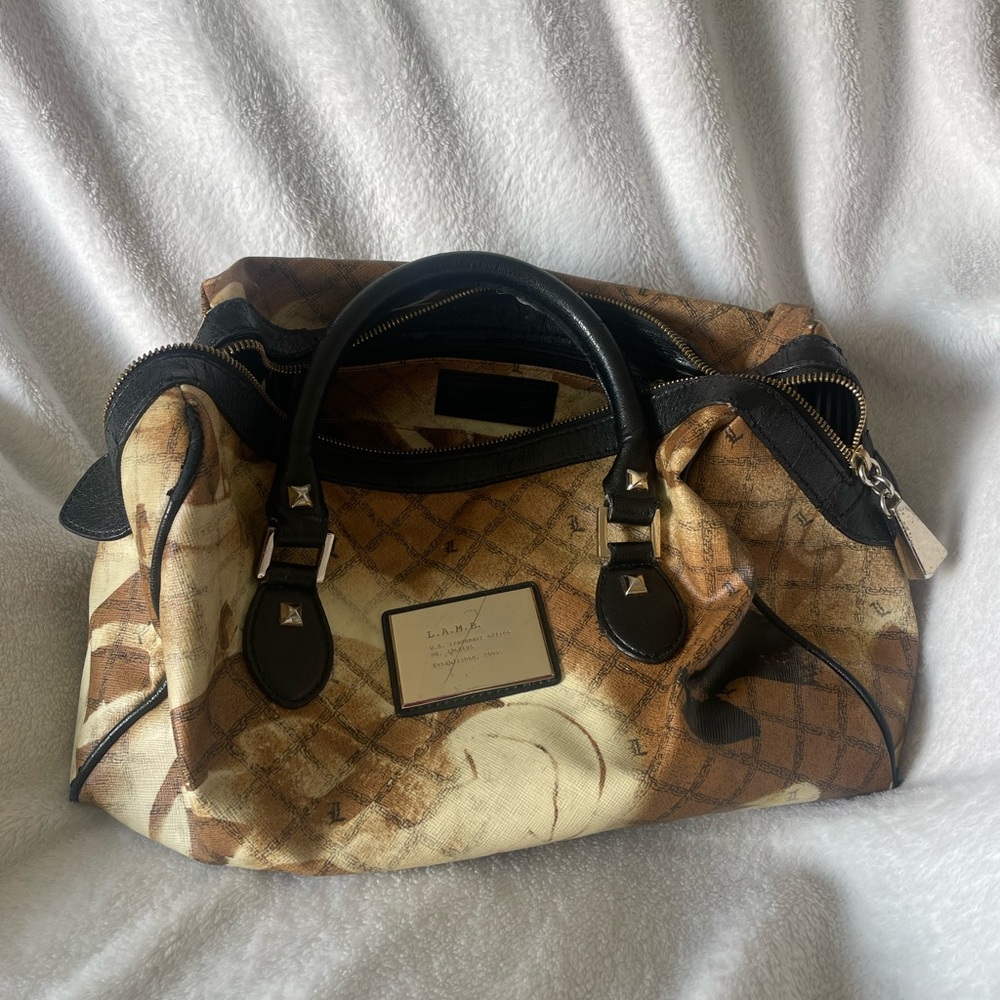 L.A.M.B. Tan and Black Satchel with Patchwork Design
